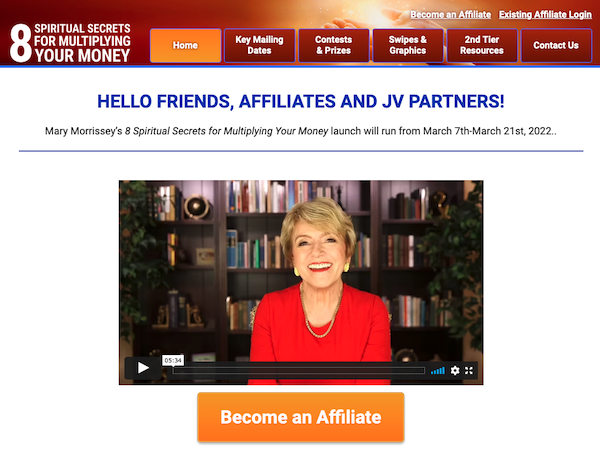 Mary Morrissey - Brave Thinking Institute - 8 Spiritual Secrets For Multiplying Your Money Launch Affiliate Program JV Page - Launch Day: Monday, March 7th 2022 - Monday, March 21st 2022