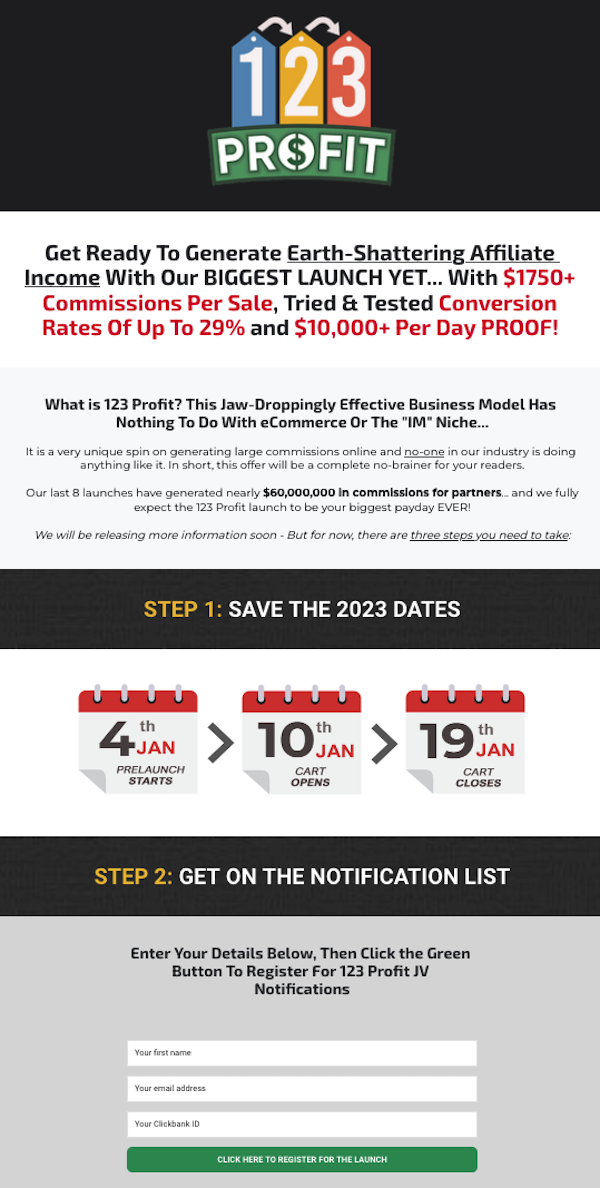 Aidan Booth - 123 Profit Launch Affiliate Program JV Invite Page - Pre-Launch Begins: Wednesday, January 4th 2023 - Launch Day: Tuesday, January 10th 2023 - Thursday, January 19th 2023