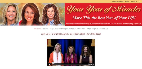 Marci Shimoff, Dr Sue Morter + Lisa Garr - Your Year Of Miracles 2023 Launch Affiliate Program JV Invite Page - Launch Day: Monday, December 26th 2022 - Wednesday, January 11th 2023