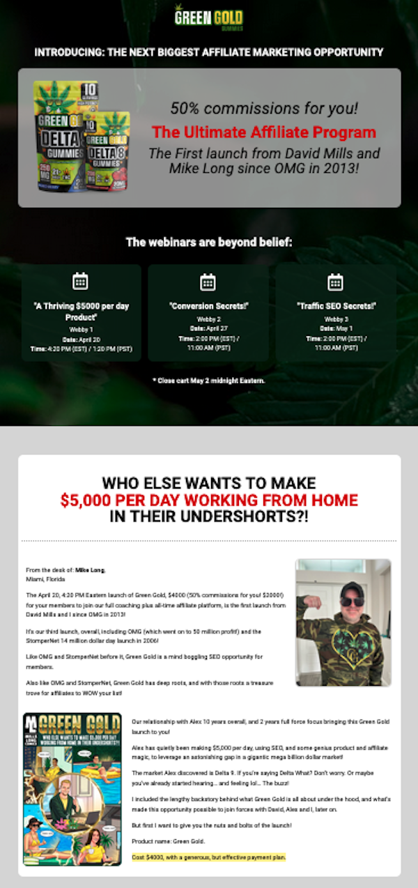 Mike Long + David Mills - Green Gold cannabinoid affiliate marketing training & business in a box launch high-ticket affiliate program registration page - Launch Day: Thursday, April 20th 2023 @ 4:20PM EST