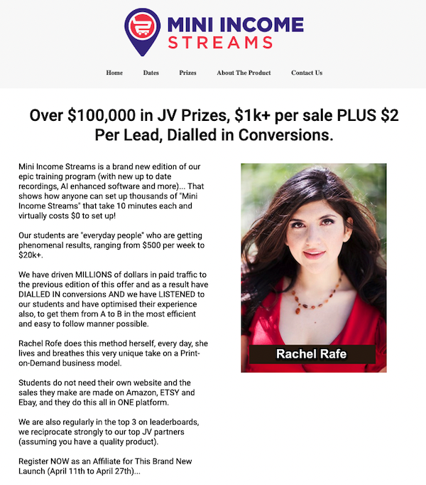 Rachel Rofe - Mini Income Streams Launch Affiliate Program JV Invite Page - Pre-Launch: Tuesday, April 11th 2023 - Launch Day: Thursday, April 27th 2023 - Over $100K in JV Prizes, $1K+ Per Sale PLUS $2 Per Lead, Dialed in Conversions!