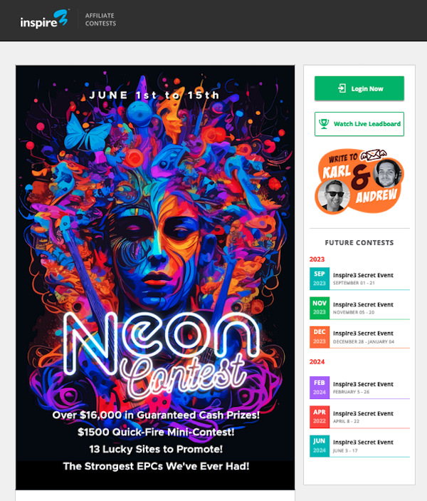 Karl Moore + Andrew Roth - Inspire 3 - 5th Annual Neon Festival Contest Launch Affiliate Program JV Invite Page - Launch Day: Thursday, June 1st 2023 - Thursday, June 15th 2023 - Grab Your Share of $16K+ in JV Cash Prizes PLUS Commission!