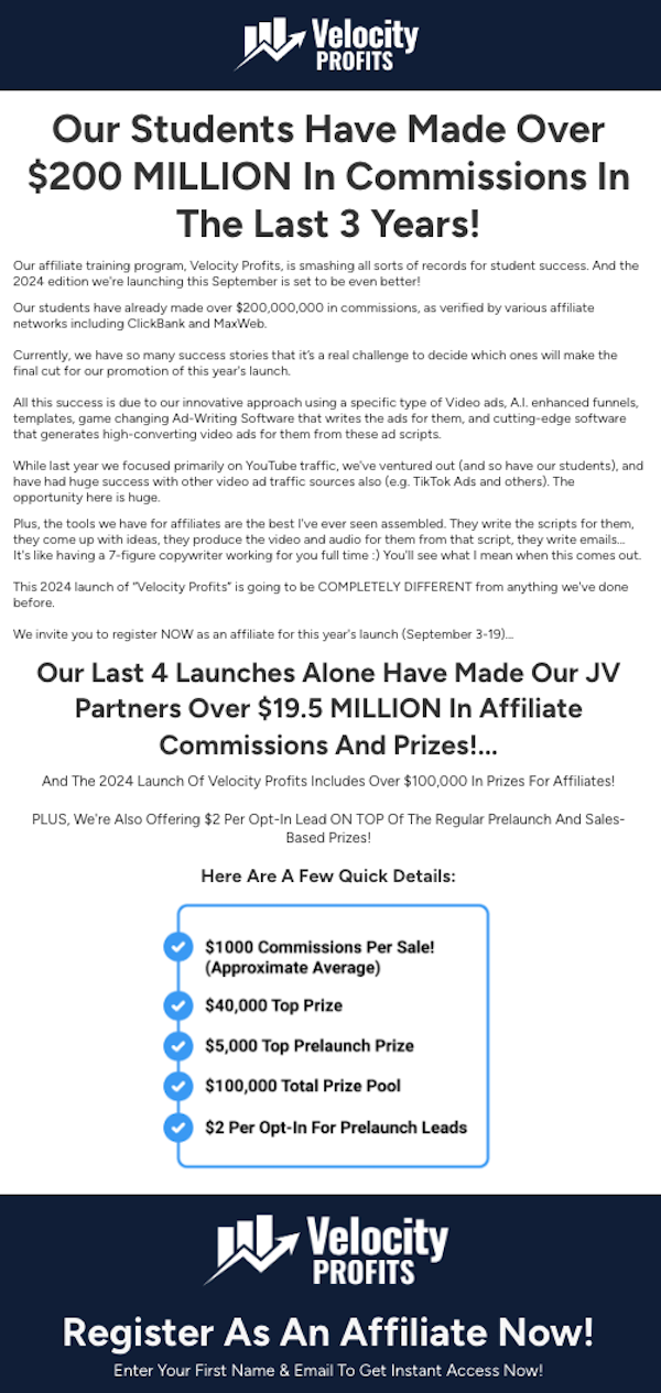 Chris Reader + Mark Ling - Velocity Profits Launch Affiliate Program JV Invite Page Pre-Launch Begins: Tuesday, September 3rd 2024 Launch Day: Monday, September 9th 2024 - Thursday, September 19th 2024 $1K Average Commission Per Sale ... $100K Total Prize Pool ... $2 Per Opt-in for Pre-launch Leads!