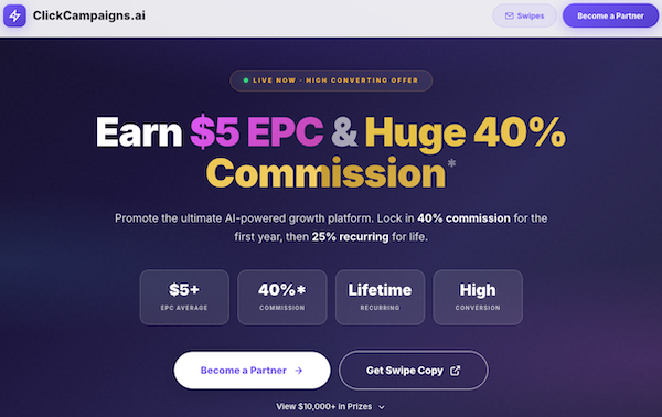 Mike Filsaime - Click Campaigns AI Launch Affiliate Program JV Invite Page Launch Day: Tuesday, February 10th 2026 - Tuesday, February 24th 2026 Promote ClickCampaigns AI & Earn Big! Grab Your Share of $10K in JV Launch Contest Prizes!